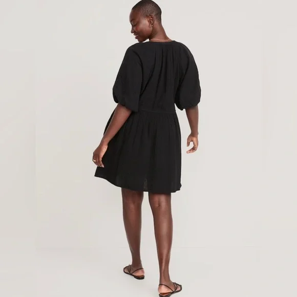 NWT! Black Waist-Defined Puff-Sleeve Mini Poet Dress - Size XL Tall - Picture 6 of 8